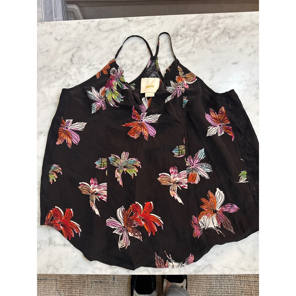 Maeve Anthropologie Black Silk Floral Lace Trim Camisole Top Womens Size 8 - Picture 1 of 8